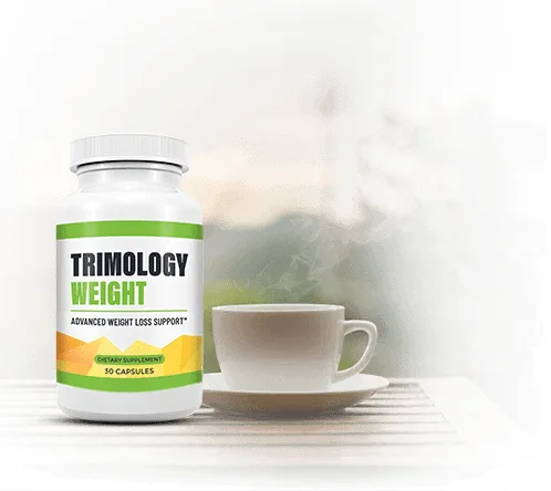 Trimology review: a bottle of Trimology capsules next to a morning cup of coffee